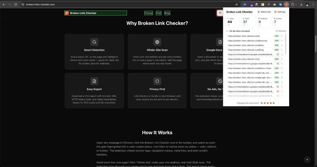 Broken Link Checker в виде popup поверх страницы